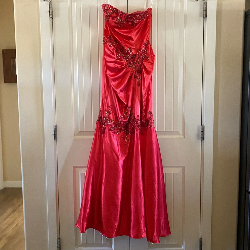 Glamorous Strapless Beaded Satin Evening Gown